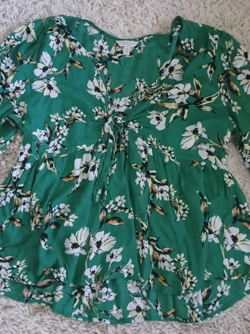 Lucky Brand Women's Large Green Floral Tie Front Peplum Blouse Boho 100% Viscose